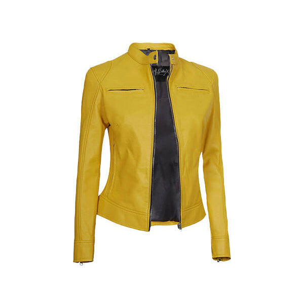 Women's Yellow Cafe Racer Leather Jacket