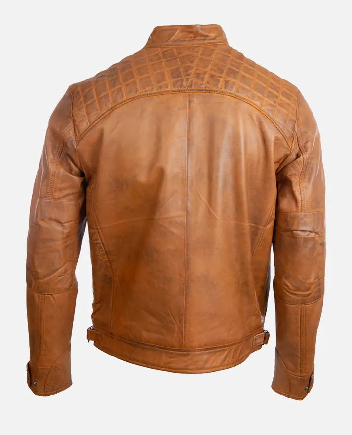 Men’s Quilted Shoulder Tan Cafe Racer Leather Jacket