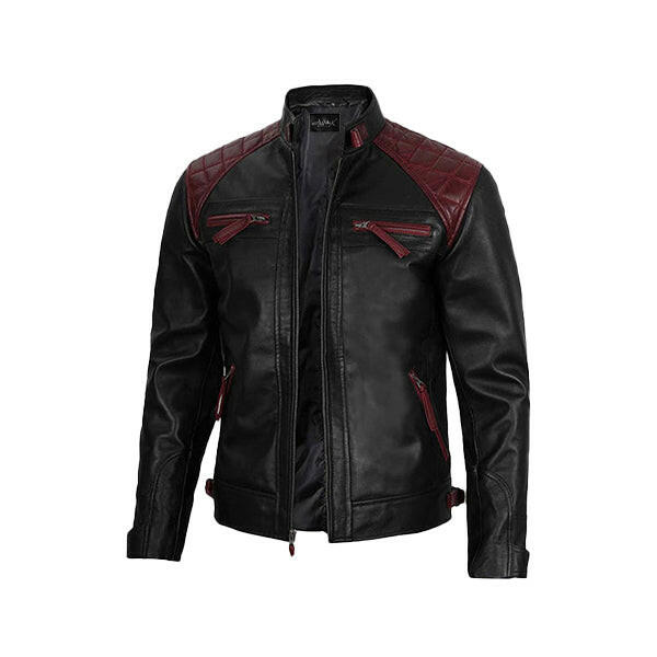 Men's Quilted Cafe Racer Black & Maroon Leather Jacket