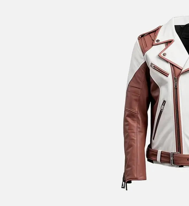 Men's Rosy Brown and White Biker Leather Jacket