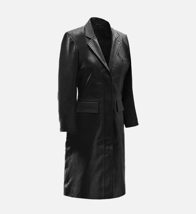 Black Leather Long Coat Women's