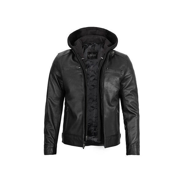 Men's Black Leather Jacket with Removable Hood