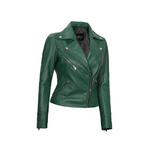 Women's Moto Style Green Leather Jacket