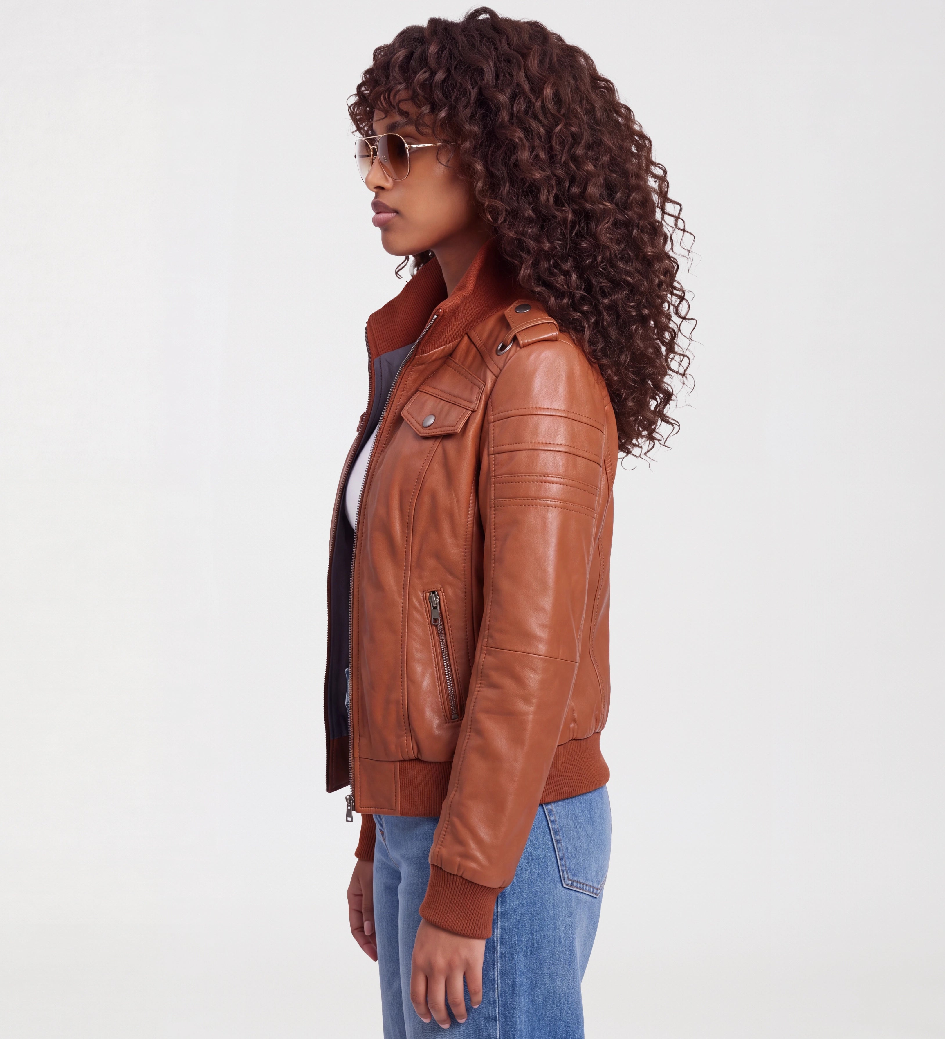 Women Brown Leather Bomber Jacket