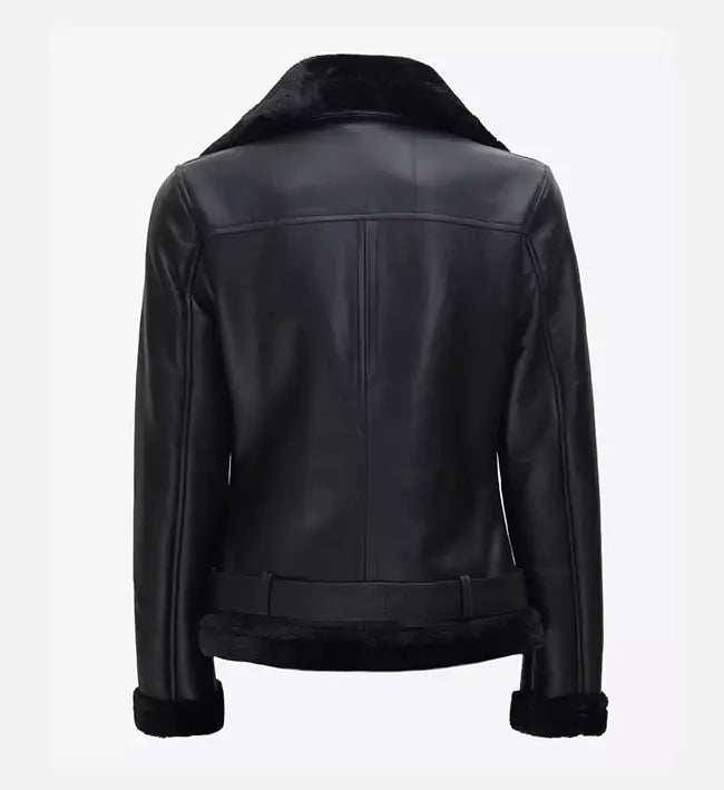 Women's Black Leather Shearling Moto Jacket