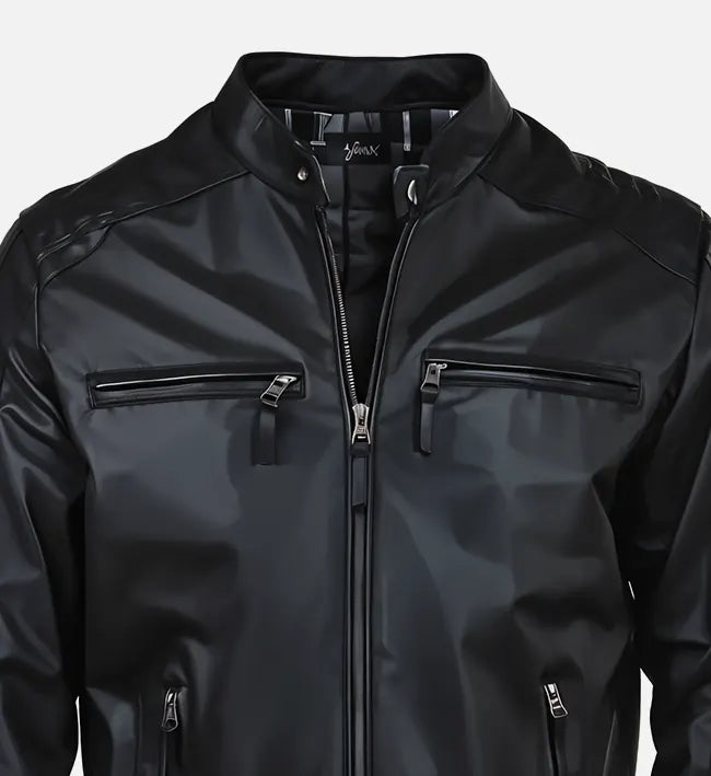 Men’s Quilted Shoulder Black Cafe Racer Leather Jacket