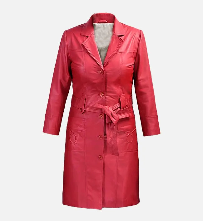 Women's Raspberry Red Leather Long Coat