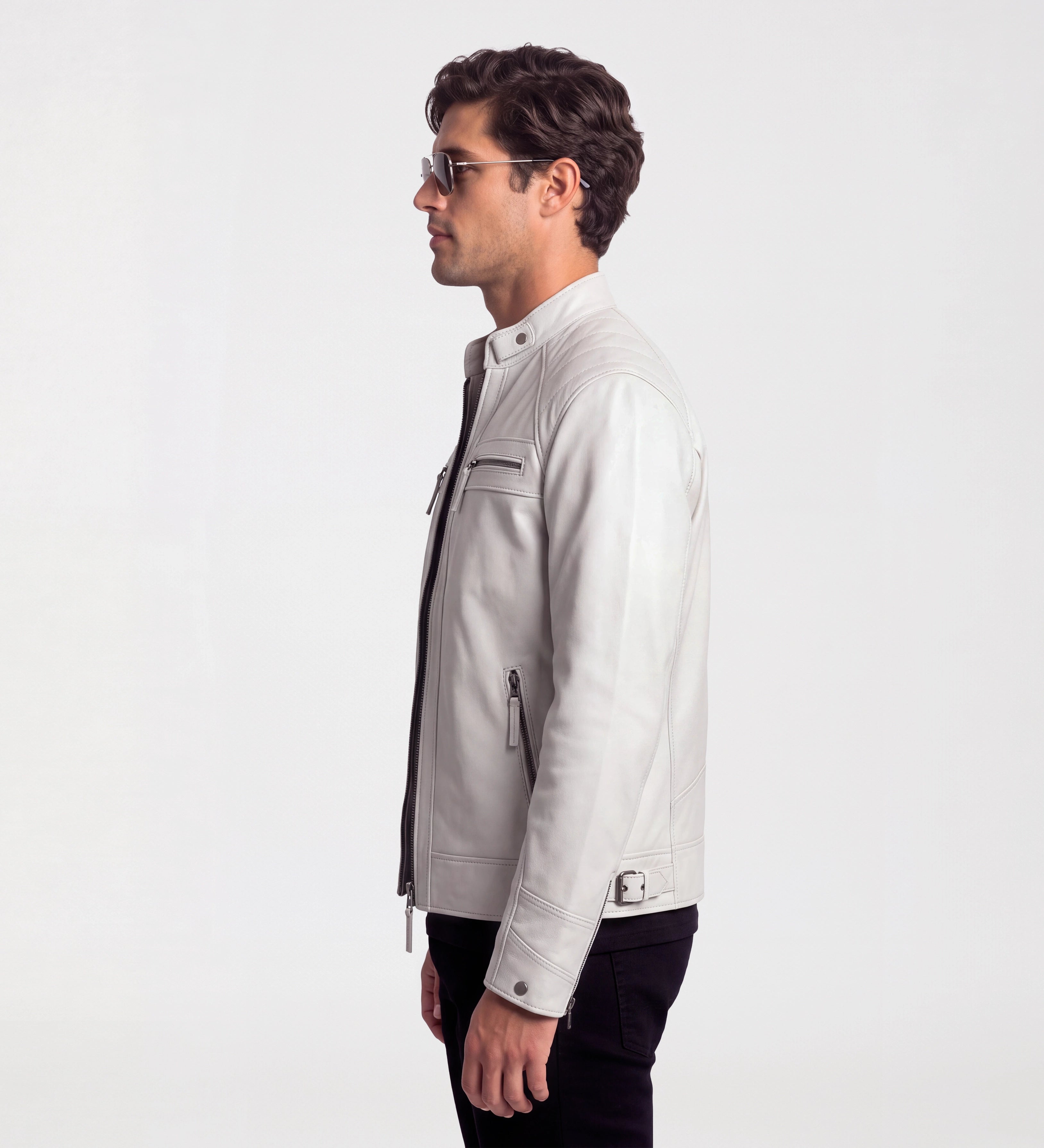 Mens Classic White Leather Cafe Racer Jacket