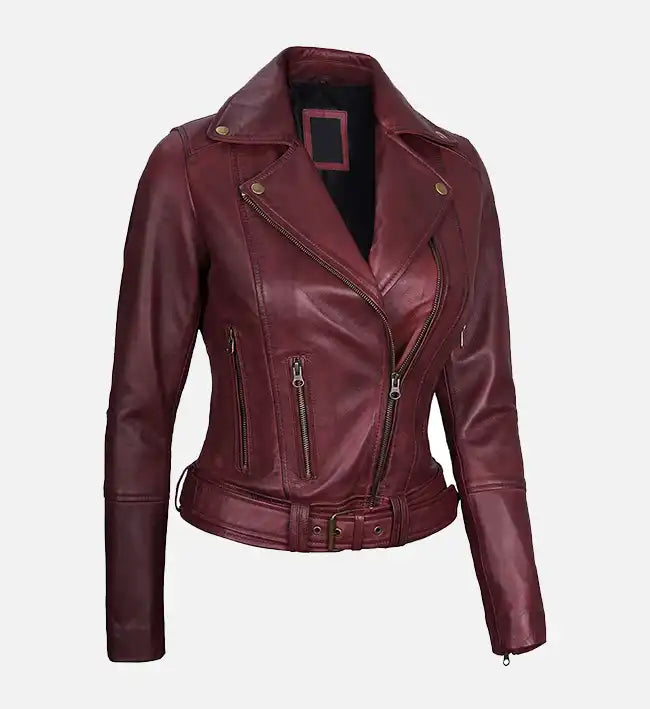 Women's Maroon Leather Asymmetrical Motorcycle Jacket