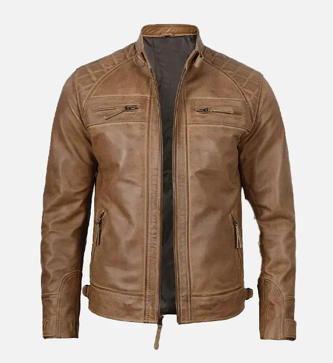 Men's Cafe Racer Camel Brown Leather Jacket