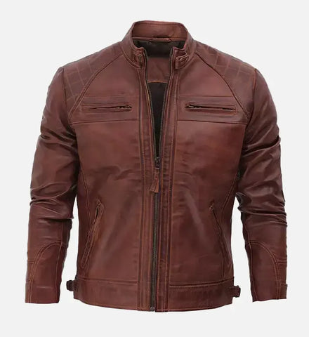 Men's Brown Cafe Racer Diamond Quilted Leather Jacket