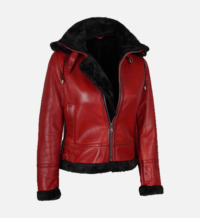 Women's Red Bomber Shearling Leather Jacket with Hood