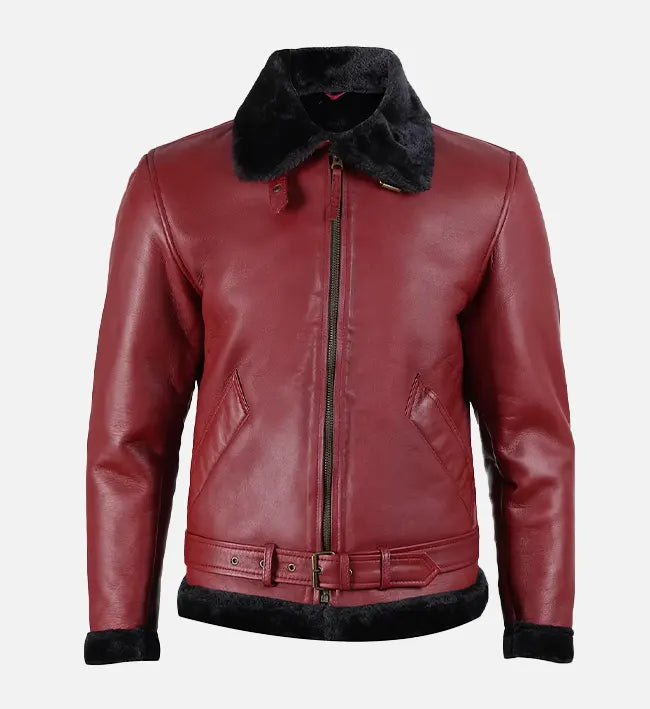 Men's Maroon Leather Shearling Bomber Jacket