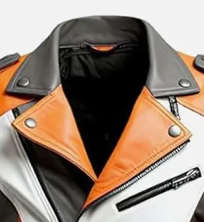 Men's Orange White Biker Leather Jacket