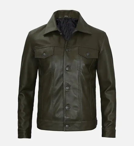 Men's Olive Green Real Leather Trucker Jacket