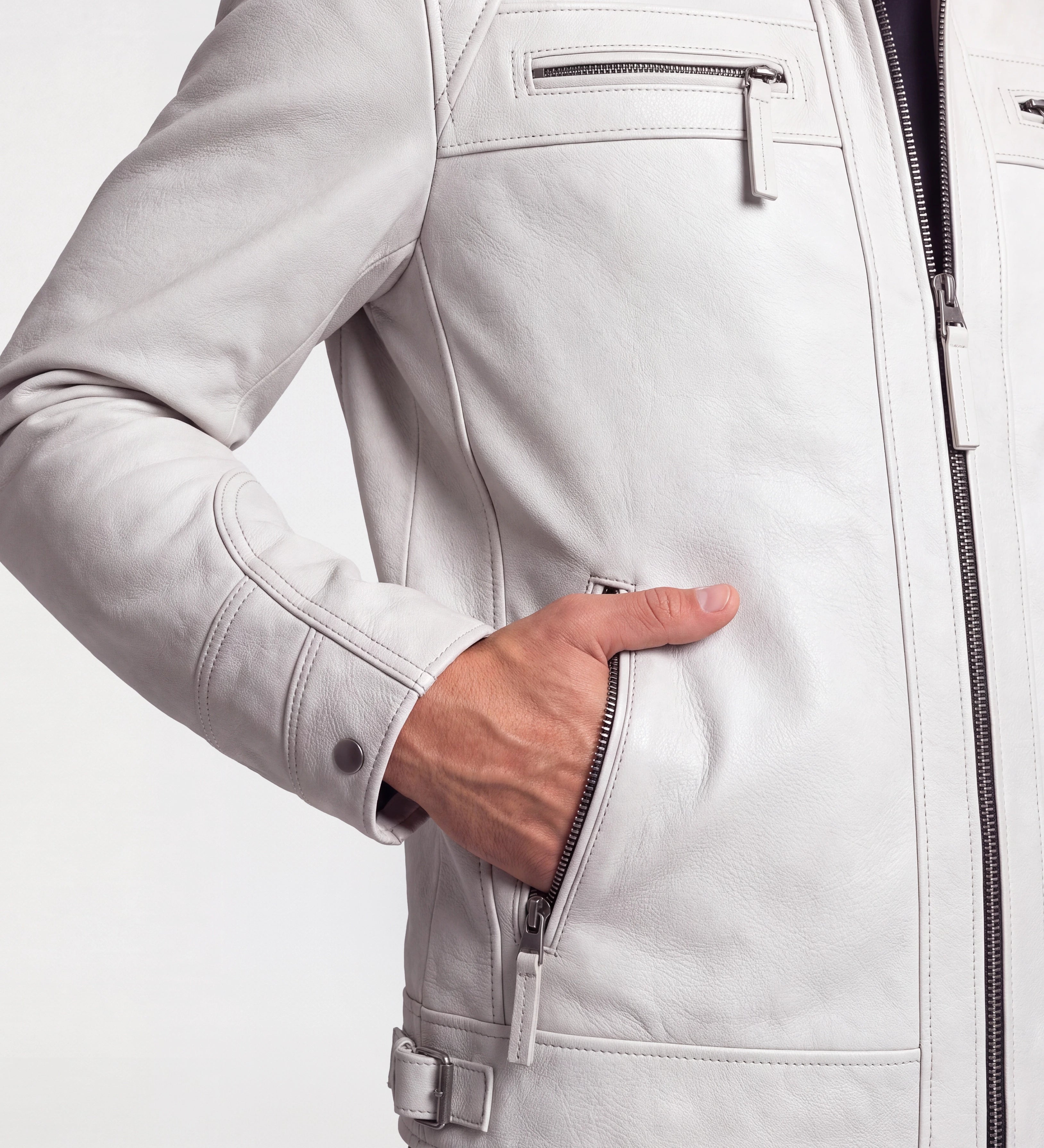 Mens Classic White Leather Cafe Racer Jacket