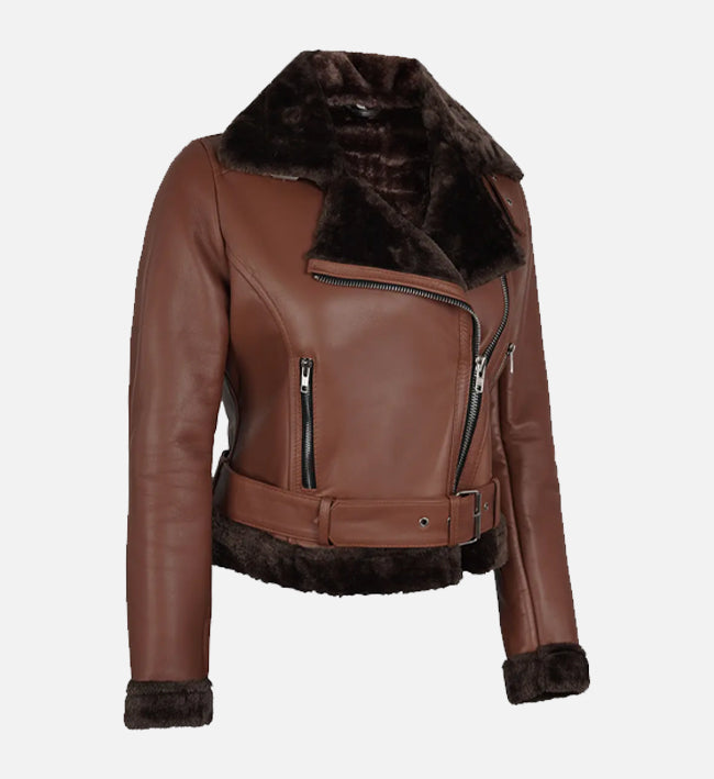 Women's Cognac Biker Shearling Leather Jacket