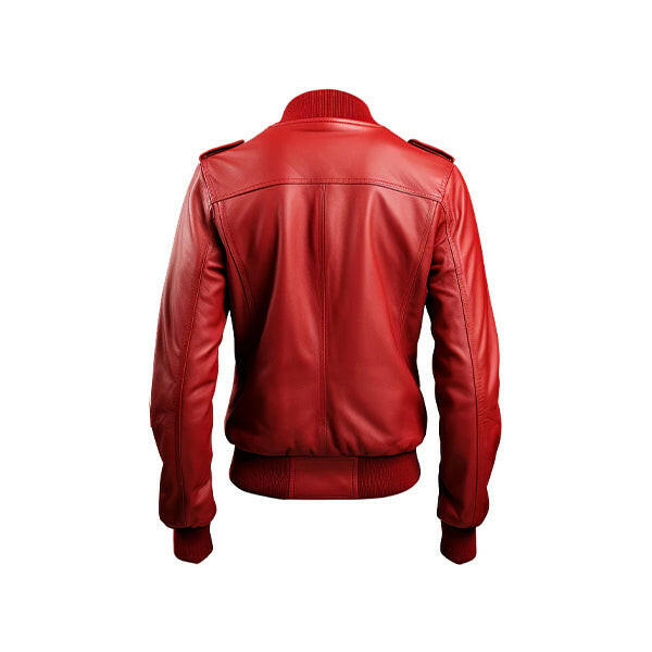 Women's Red Leather Bomber Jacket with Strap Pockets