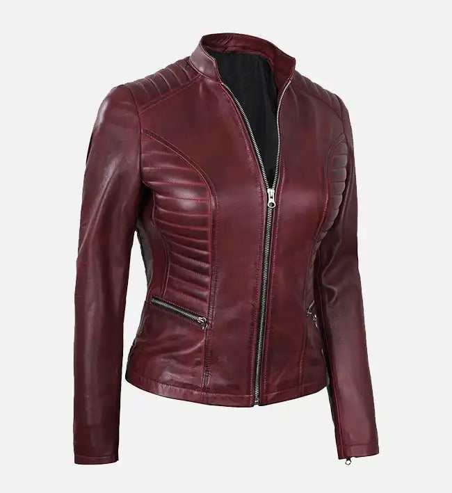 maroon cafe racer leather jacket for women