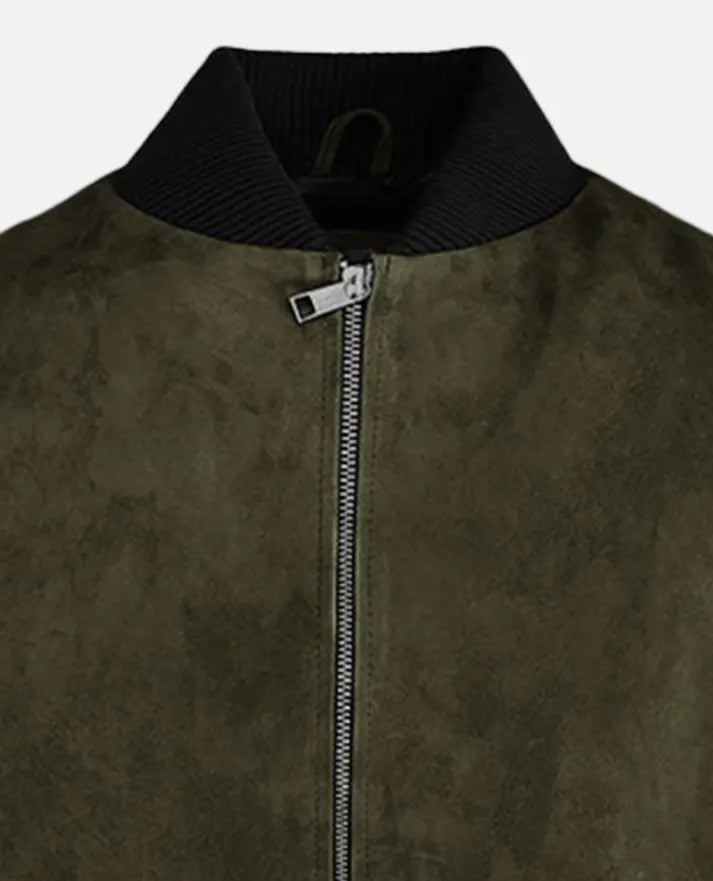 Men's Olive Green Suede Bomber Jacket