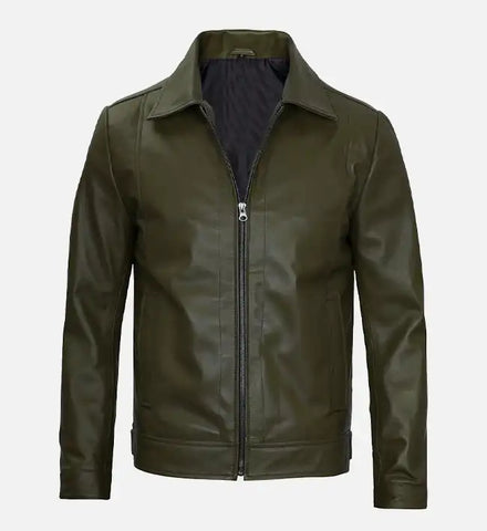 Men's Olive Green Real Leather Harrington Jacket