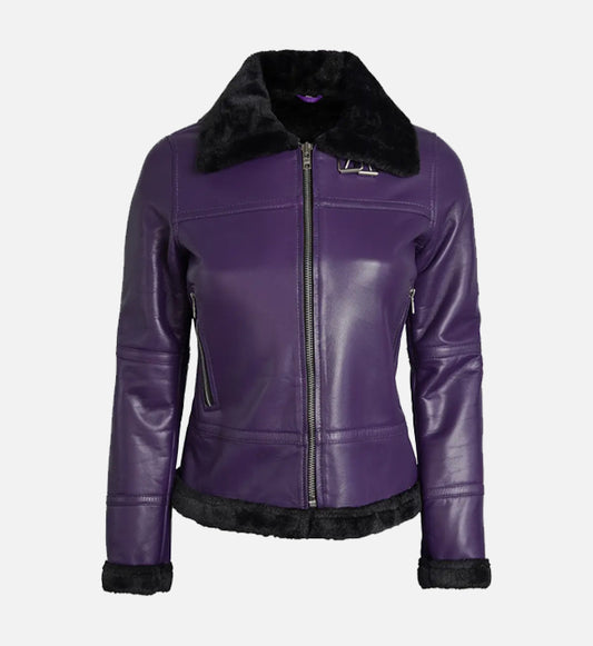 Women's Purple Shearling Leather Bomber Jacket