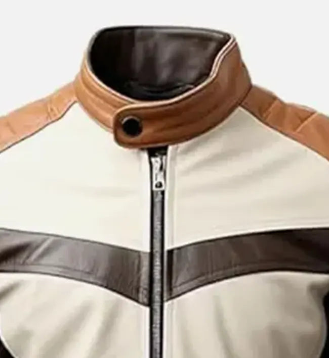 Men’s Coffee Brown Beige Cafe Racer Leather Jacket