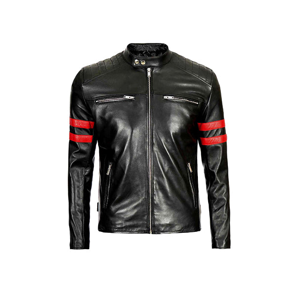 Men’s Red Stripes Black Biker Jacket