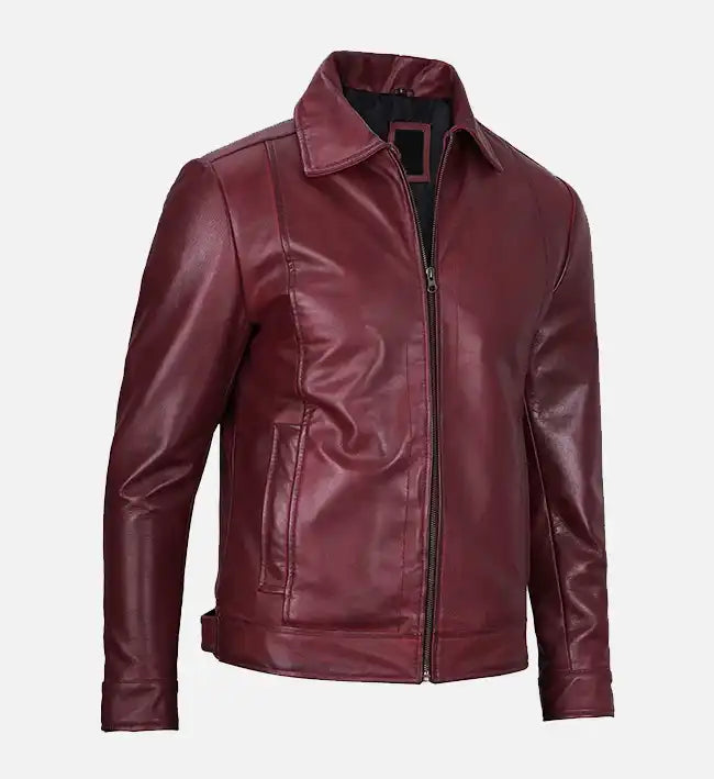 Men's Classic Shirt Collar Maroon Leather Jacket