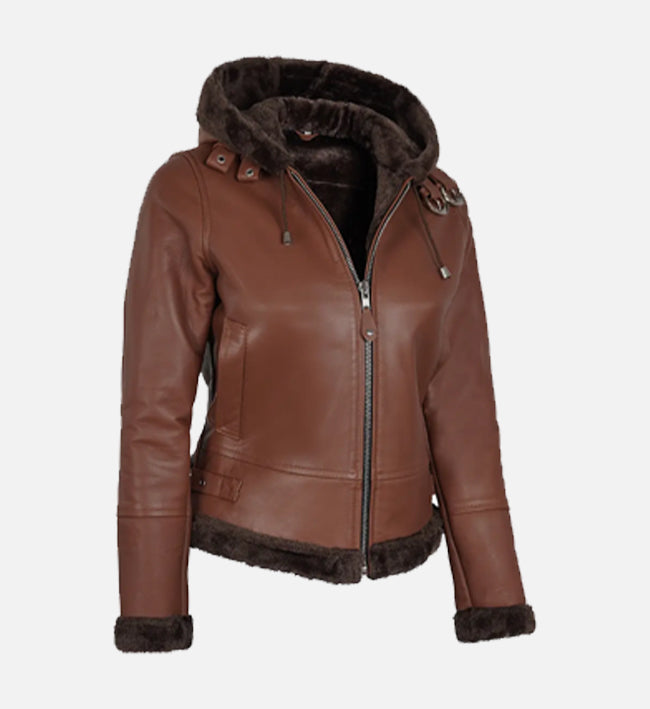 Women's Cognac Brown Leather Hooded Shearling Jacket