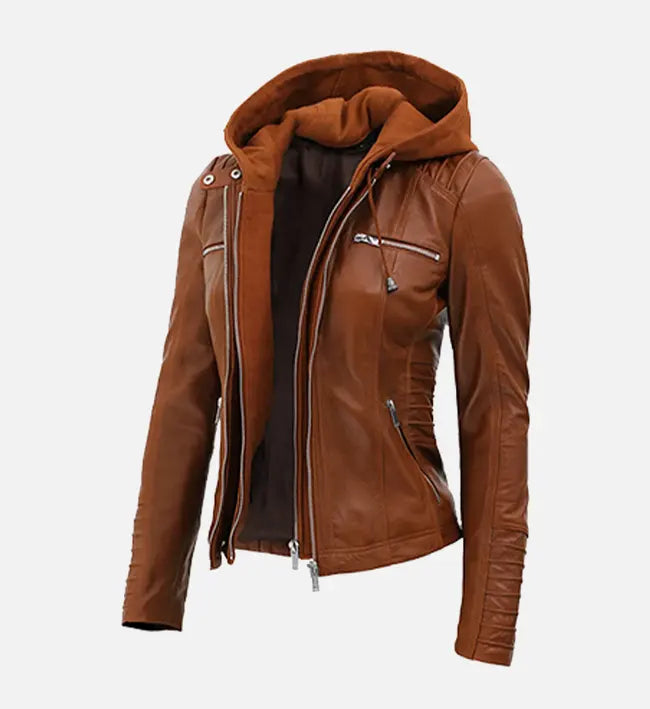 Women's Cognac Slim Fit Leather Jacket With Removable Hood