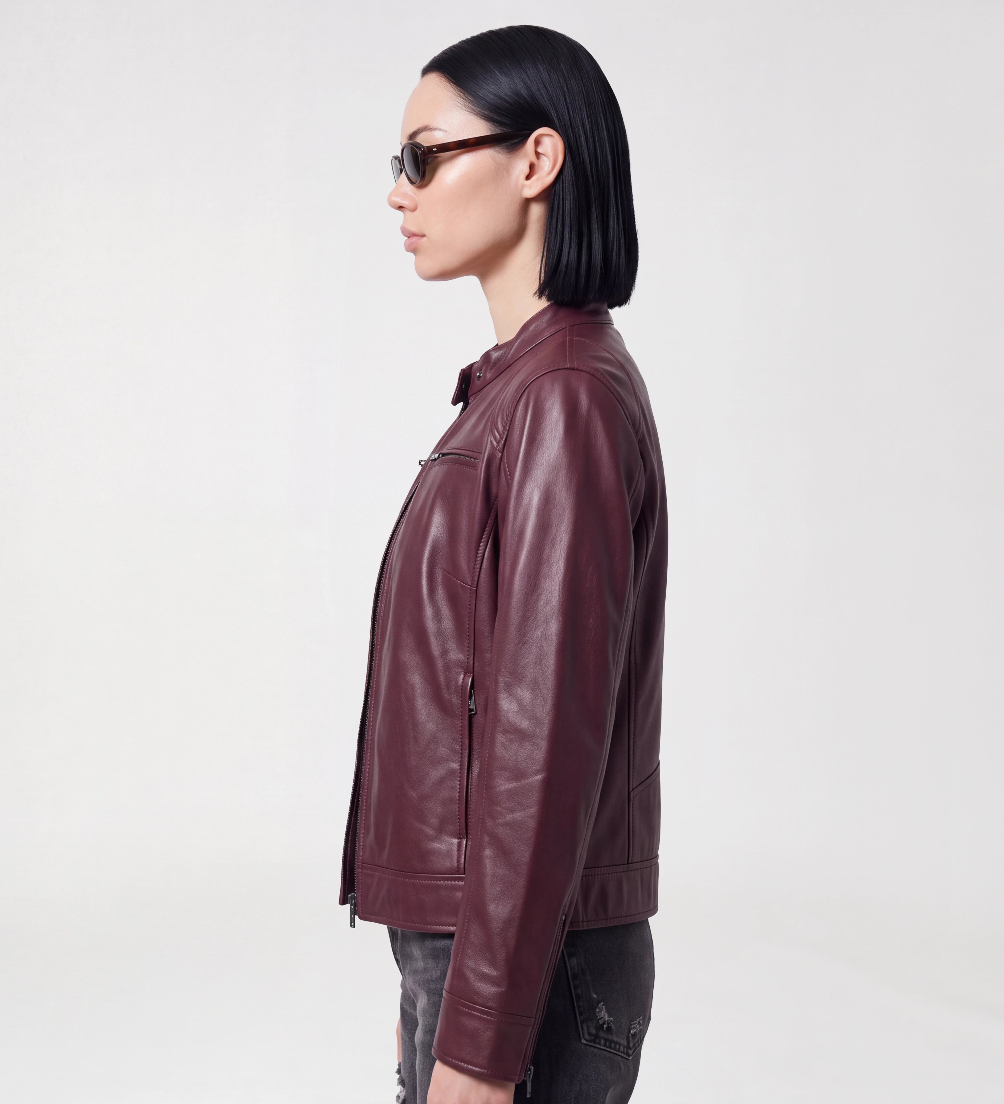 Women Maroon Leather Moto Jacket