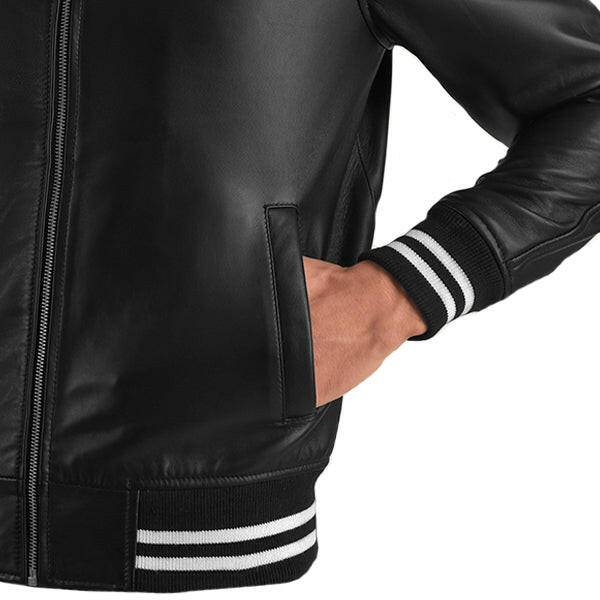 Men's Black Leather Plain Varsity Jacket