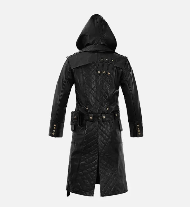 Men's Hooded Black Leather Long Coat