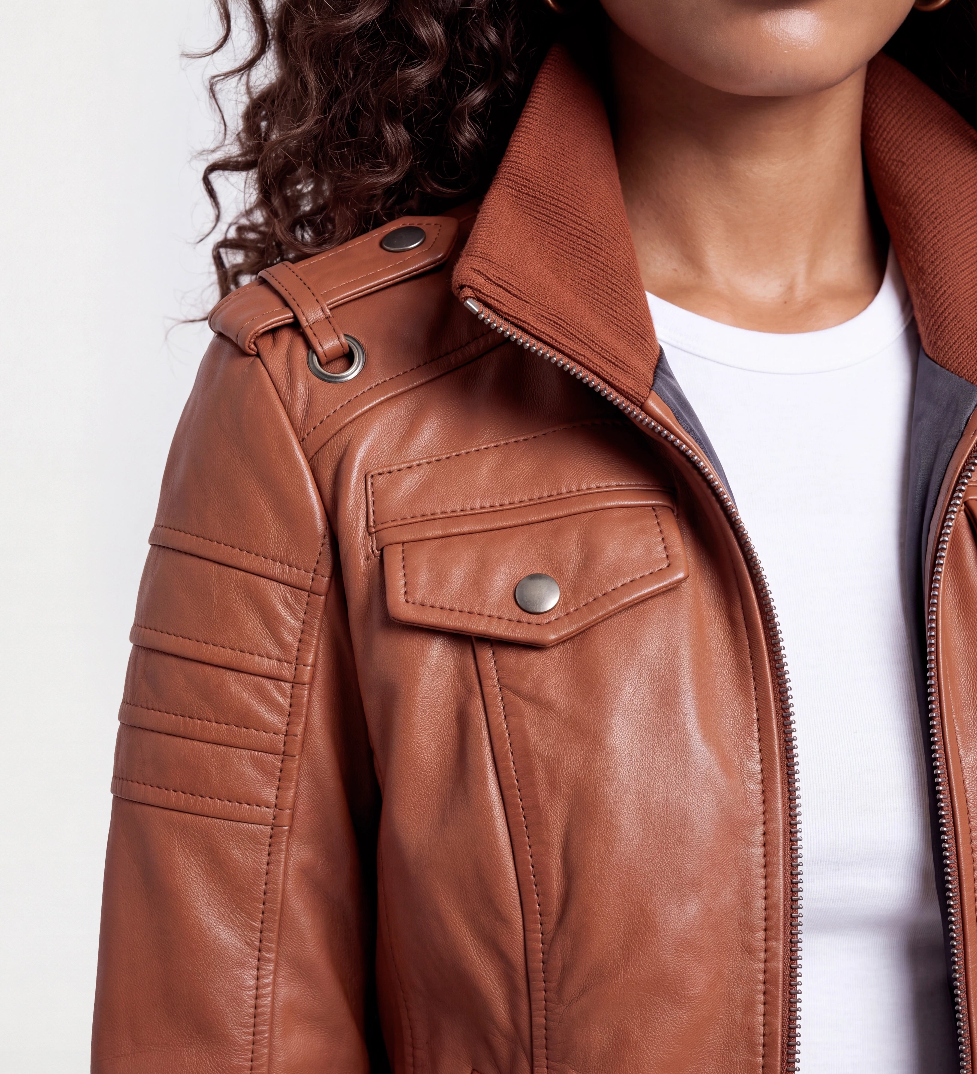 Women Brown Leather Bomber Jacket