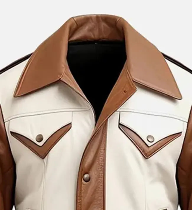 Men’s Brown & White Leather Trucker Jacket