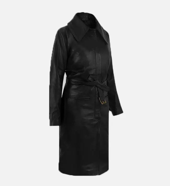 Women's Black Belted Leather Long Coat