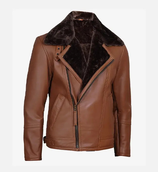 Men's Cognac Leather Shearling Moto Jacket