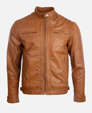 Men’s Quilted Shoulder Tan Cafe Racer Leather Jacket