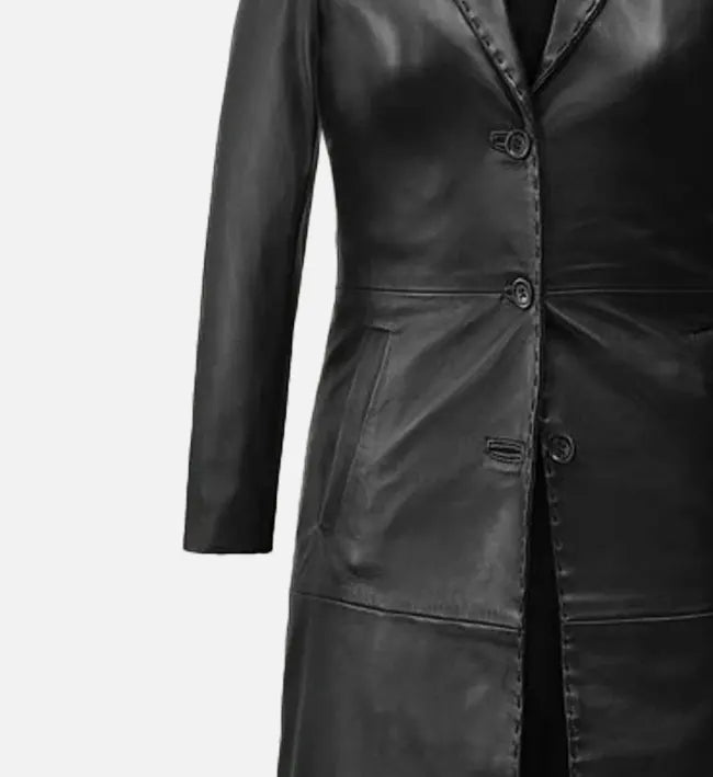 Women's Black Leather Long Coat