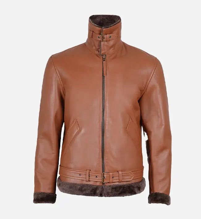 Men's Cognac Leather Shearling Bomber Jacket