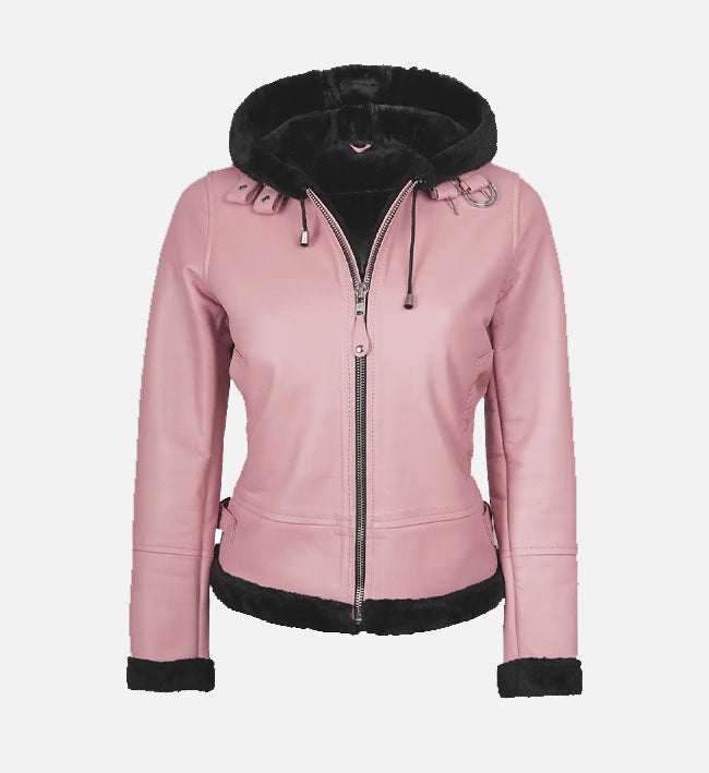 Women's Pink Leather Hooded Shearling Jacket