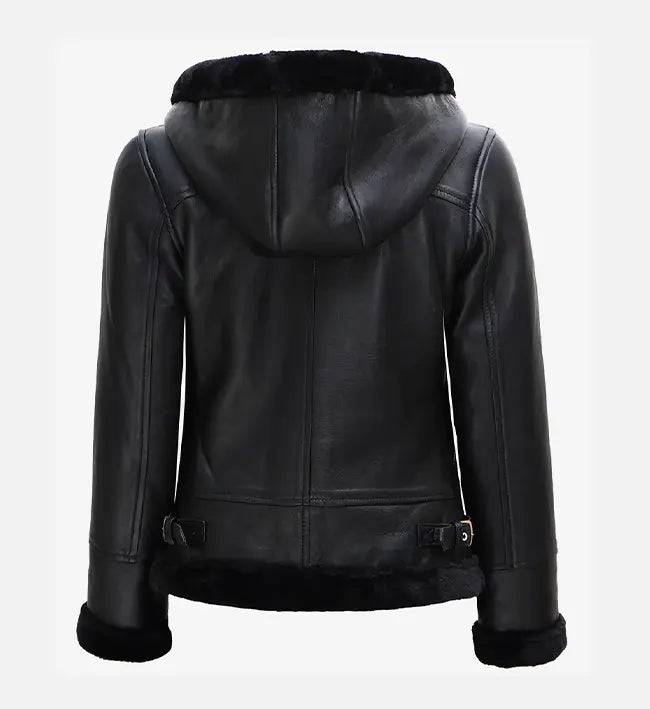 Women's Black Leather Hooded Shearling Jacket