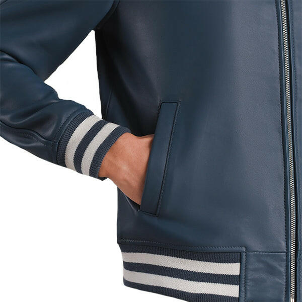 Men's Plain Blue Leather Varsity Jacket