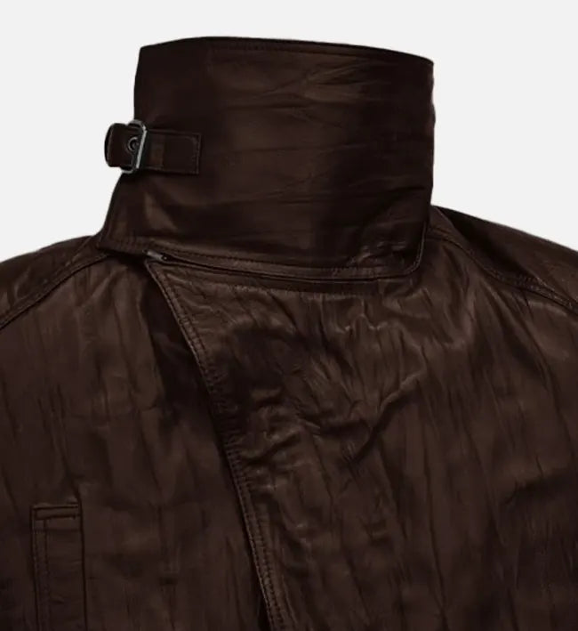 Men's Wrinkled Brown Leather Long Coat