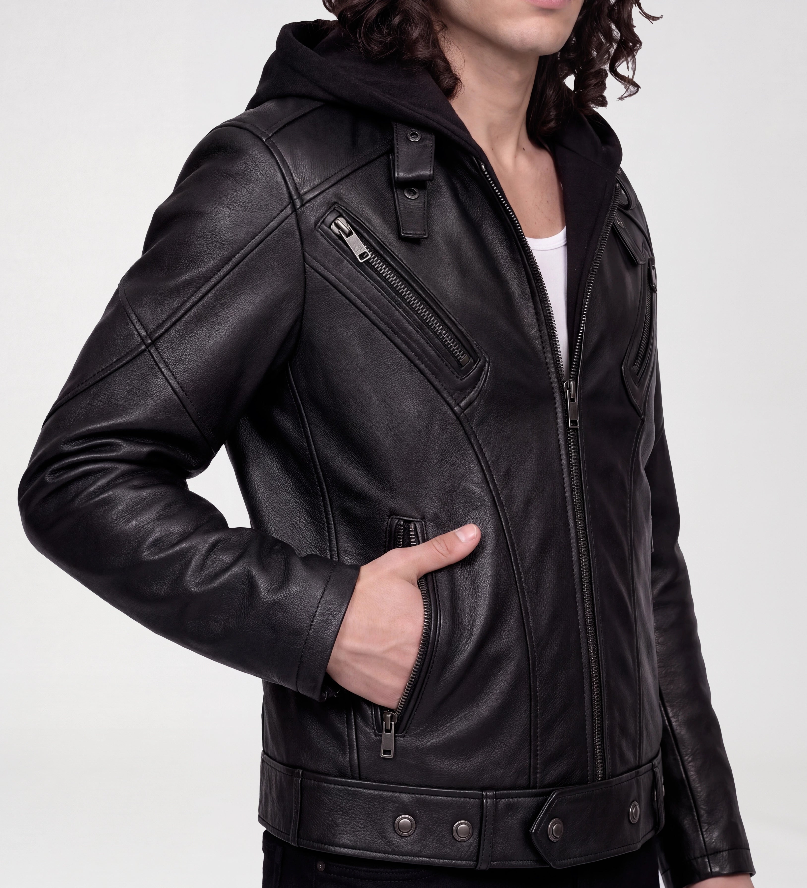 Mens Black Hooded Leather Jacket