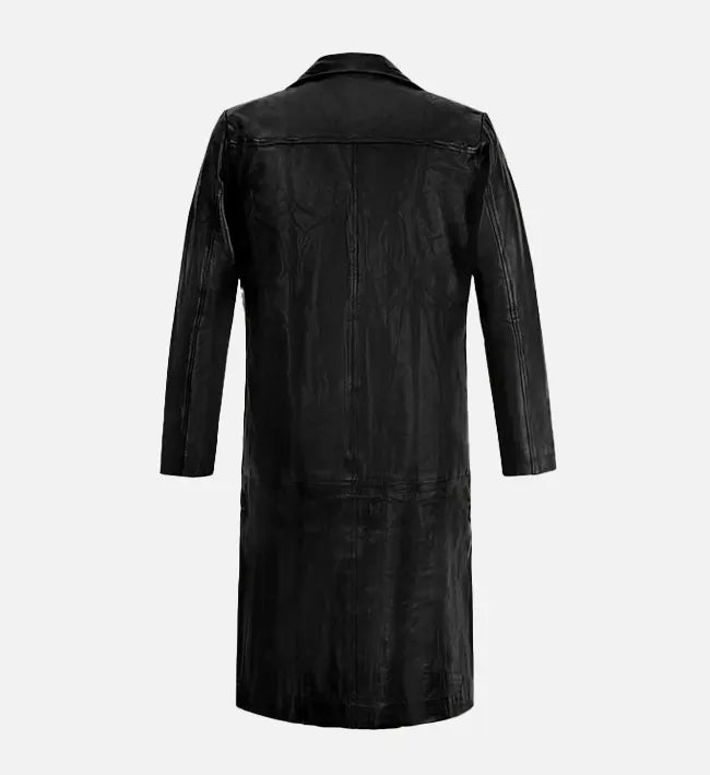 Men's Black Leather Long Trench Coat