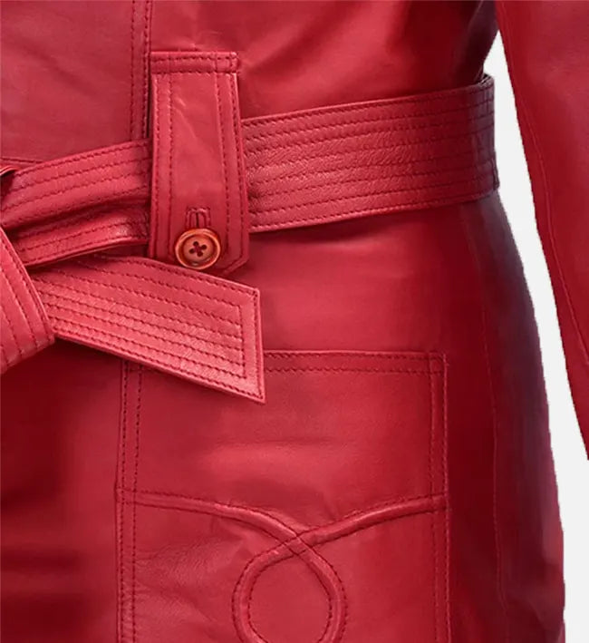 Women's Raspberry Red Leather Long Coat