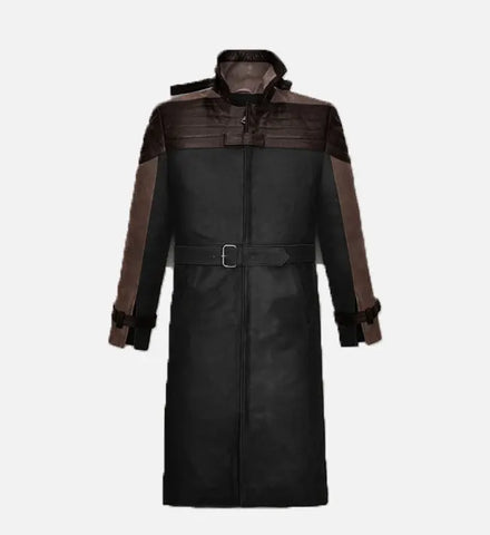 Men's Black and Brown Leather Trench Coat