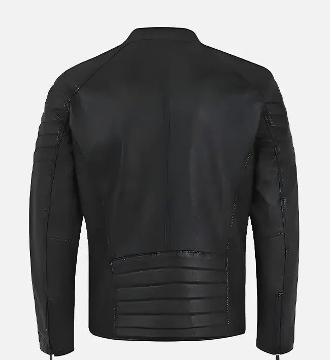 Men’s Quilted Shoulder Black Cafe Racer Leather Jacket